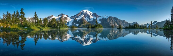 Naklejka na ściany i meble panoramic view of Mount Shuksan and snow capped peak reflecting in the clear blue water lake surrounded by pine trees