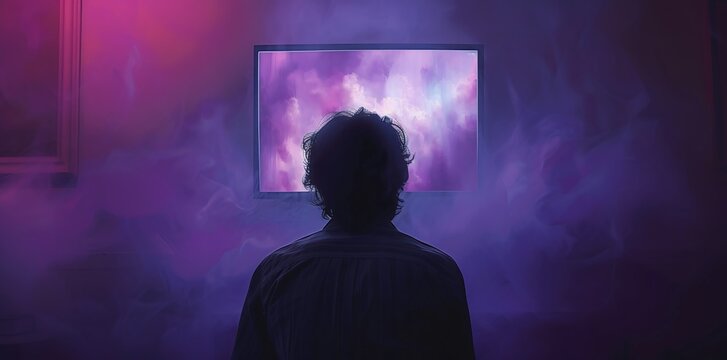 Man sits in front of a blank monitor in dark room