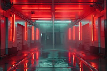 Large Sci Fi Futuristic Elegant Modern Warehouse Red Laser Beams Pillars Lights Glowing Windows...