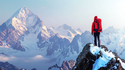 Adventurer overlooking snow-capped mountain vista - obrazy, fototapety, plakaty