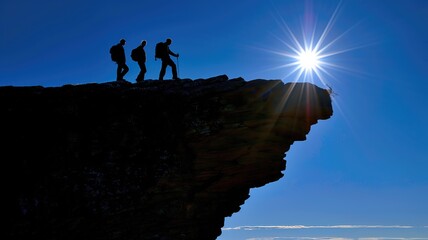 Adventurous group on cliff edge celebrating the achievement at sunrise