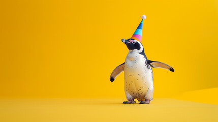 Internationaler Tag 25. April Welttag des Pinguins Party Partyhut lustig witzige Darstellung 3d Generative AI freigestellt isoliert orange Hintergrund  - obrazy, fototapety, plakaty