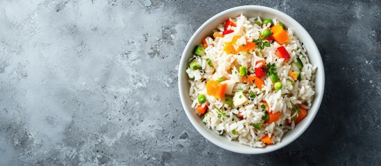 Colorful vegetables mixed with cooked white rice in a white bowl, photographed from above with empty space on the right.