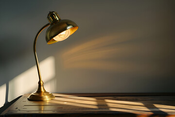 Antique brass table lamp on thin gray background - obrazy, fototapety, plakaty