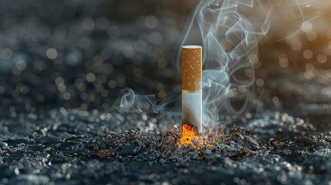 closeup of a cigarette burning on the ground, smoke rising from it, copy space concept for World No Tobacco Day