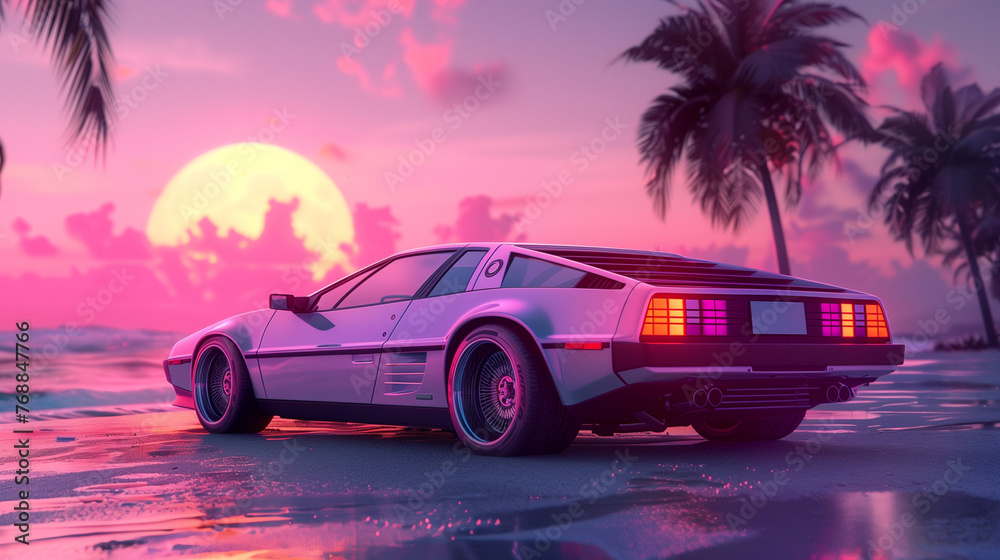 Wall mural a car vaporwave style synthwave