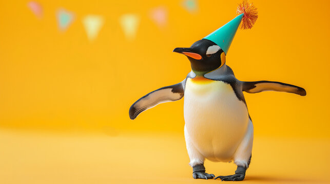 Internationaler Tag 25. April Welttag des Pinguins Party Partyhut lustig witzige Darstellung 3d Generative AI freigestellt isoliert orange Hintergrund 