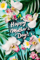 Flat lay composition made  of white and pink orchids , tropical leaves with greetings   "Happy Mother's Day!" in the middle on the light pastel azure background. Contemporary greeting card. 