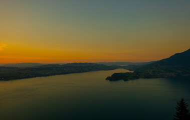 Fototapeta na wymiar Aerial View over Lake Lucerne and Mountain in Sunset in Lucerne, Switzerland.