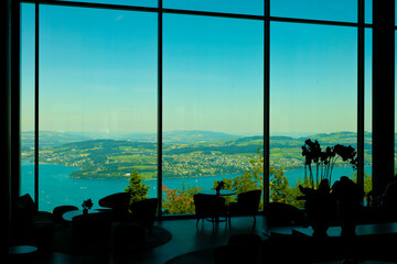 Restaurant View over Lake Lucerne and Mountain in Sunny Day in Lucerne, Switzerland.