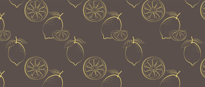 Seamless pattern with fresh lemon fruit in line drawing style. Vector illustration on a brown background. Modern design for print, wrapping paper, textile, fabric, wallpaper, texture.