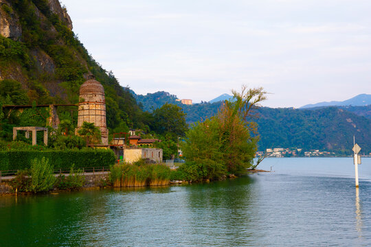 Old Factory Manufactures Hydrated Lime in Clods and Fertilizer on Lake Lugano in Caslano, Ticino in Switzerland.