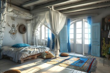 beautiful interior of a greek beach house room