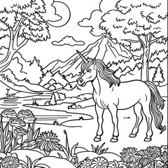 Cute unicorn with forest landscape. Black and white illustration. Vector. Drawing, sketch