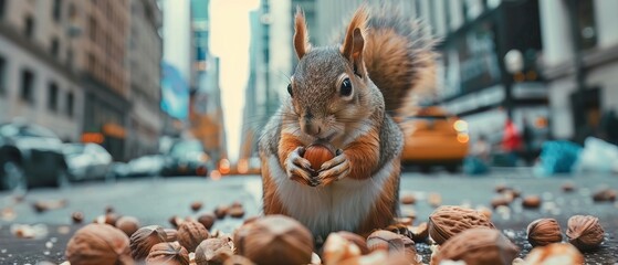 A squirrel gathering nuts in a financial district, representing resourcefulness and preparation in economics - obrazy, fototapety, plakaty