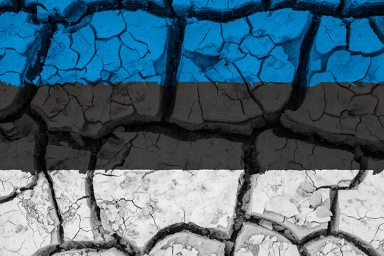 Dry soil pattern on the flag of Estonia. Country with drought concept due to climate change. Water problem. Dry cracked earth country.