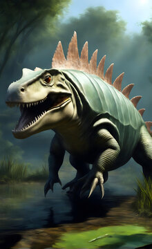 Hypothetisches fleischfressendes Reptil aus der Gruppe der Synapsiden, aus dem Zeitalter des fr&uuml;hen Perm, &auml;hnlich einem Dimetrodon. Es stapft durch einen Sumpf. 