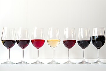 row of wine glasses with varying red wine levels in a tasting lineup - obrazy, fototapety, plakaty