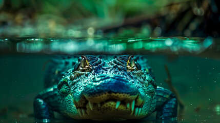 Menacing alligator emerging from water - obrazy, fototapety, plakaty