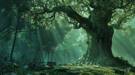 ancient forest, tree in the woods - obrazy, fototapety, plakaty