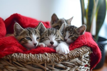 kitten trio nestled in a wicker basket with a red blanket - obrazy, fototapety, plakaty