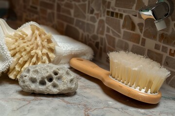 alum stone placed beside a natural bristle brush and loofah on a bathroom counter - obrazy, fototapety, plakaty