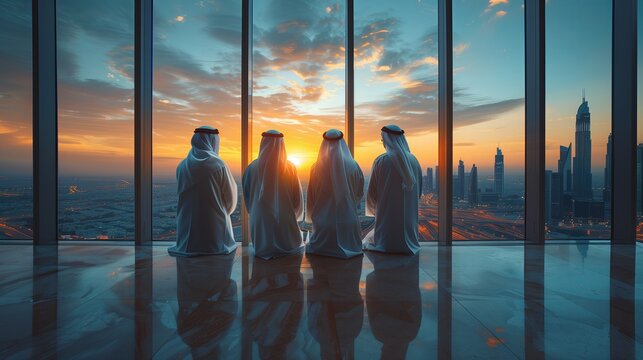 Successful Muslim Businessmen in Traditional White Outfit Standing in His Modern Office Looking out of the Window on Big City with Skyscrapers. Successful Saudi, Emirati