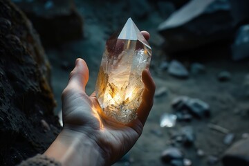 Closeup of a hand holding a crystal, refracting light to reveal hidden messages, in a dimly lit, moody chamber