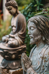 Obraz premium Closeup of a Jesus statue beside a Buddha statue, both in prayerful poses, against a backdrop of a tranquil monastery garden