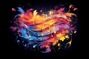 Flying musical notes on a dark background, colorful bright illustration.  
