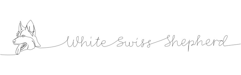 White Swiss Shepherd Dog, shepherd dog one line art. Continuous line drawing of friend, dog, doggy, friendship, care, pet, animal, family, canine with inscription, lettering, handwritten.