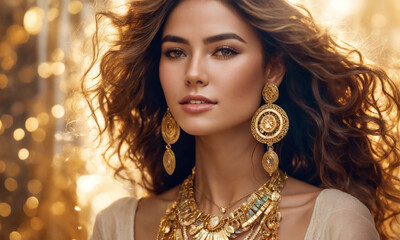 Portrait of a woman boho chic style with gold jewellery - AI generated