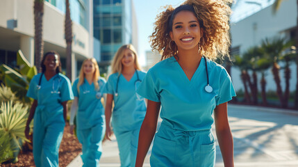 Diverse team of medical students young women in scrubs walk together on a university hospital campus, Generative AI