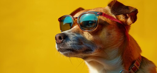 funny puppy dog going on vacations wearing sunglasses, Isolated on yellow background.