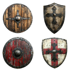 Set of Viking and Knight Shields: Rustic Battle Display with Classic and Round Shield, Isolated on Transparent Background, PNG