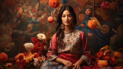 A woman is sitting in front of a painting of a woman with flowers. She is wearing a pink dress and has her hair in a ponytail - obrazy, fototapety, plakaty