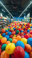A store with a lot of balloons in it. The balloons are in different colors and sizes. The store is brightly lit and the balloons are scattered all over the floor