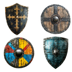 Viking and Knight Shields: Classic and Round Shield Set for Rustic Battle Display, Isolated on Transparent Background, PNG - obrazy, fototapety, plakaty