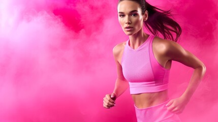 Female runner in pink sportswear running in a cloud of pink smoke