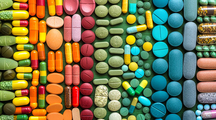 A colorful assortment of pills and tablets are arranged in a row. The pills are of various shapes and sizes, and they are all different colors. Concept of diversity and variety