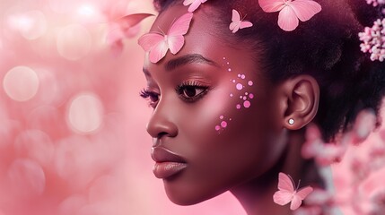 An artistic portrayal showcasing the elegance of an African American girl with ethereal pink butterflies in her hair, set on a professional studio pink background, promoting the essence of natural cos