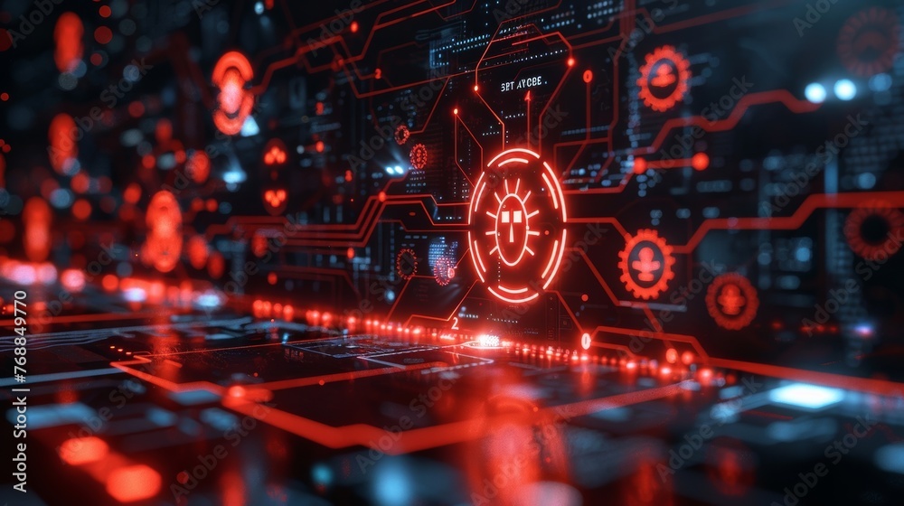 Poster visual representation of a digital interface showcasing symbols for cybersecurity threats and warnin
