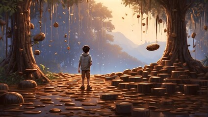 Little boy standing amidst lush chocolate forest. Enchanting 3D rendering illustration captures his wonder and exploration in the rich cocoa habitat - obrazy, fototapety, plakaty