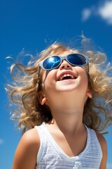 Little girl with sunglasses looking up at the sky and smiling