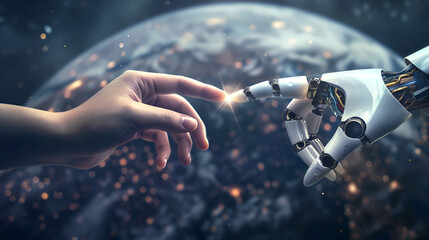 A robot and human hand about to touch, in connection together, teamwork and partnership, cooperation with artificial intelligence and machine learning, tech innovation and progress in cyber research - obrazy, fototapety, plakaty