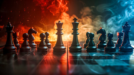 Intense chess game with dramatic lighting