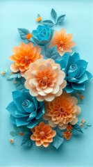 A blue and orange flower arrangement with a blue background. The flowers are made of paper and are arranged in a way that they look like real flowers. The arrangement is colorful and lively