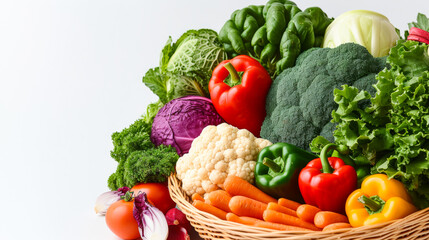 A basket of vegetables including broccoli, cauliflower, and peppers. The basket is full of fresh produce, and the colors of the vegetables are vibrant and varied. Concept of health and vitality