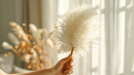 A person is holding a white flower in their hand. The flower is fluffy and looks like it's made of cotton. The person is standing in front of a window, and the sunlight is shining on the flower