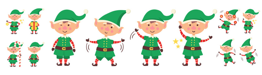 Collection of Christmas elves isolated on white background. Set of little Santa's helpers with holiday gifts and decorations. Set of adorable cartoon characters. Flat vector illustration.